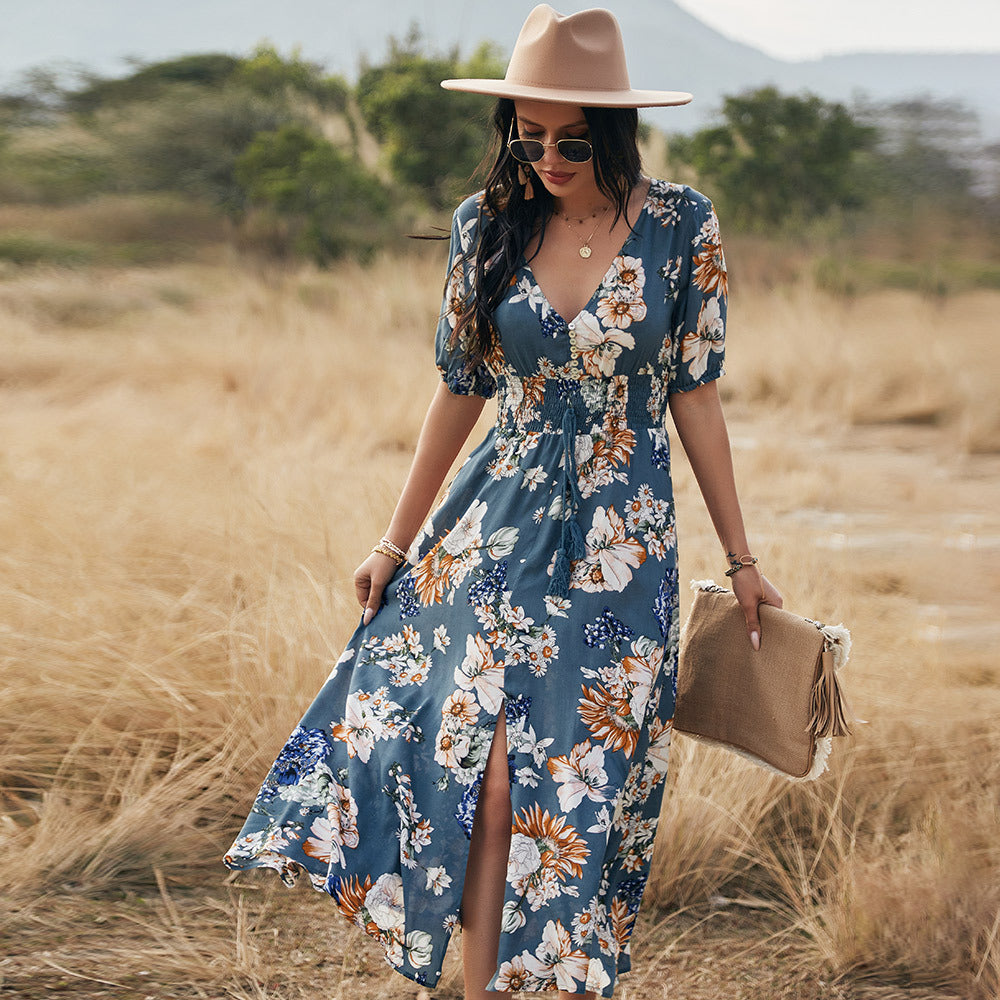 Women's Floral V-Neck Beach Dress – Elastic Waist Summer Maxi Dress with Lightweight Fabric
